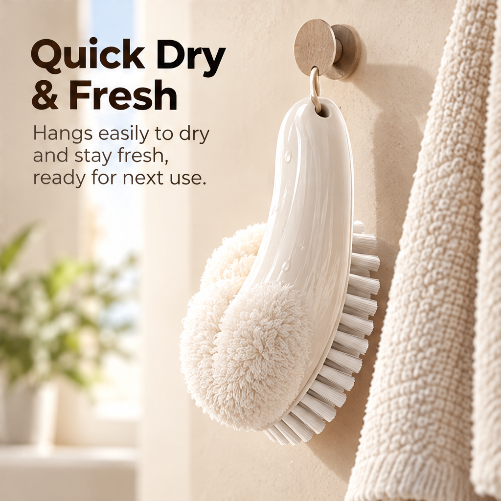 Cream scrub brush suspended from its handle hanging hole