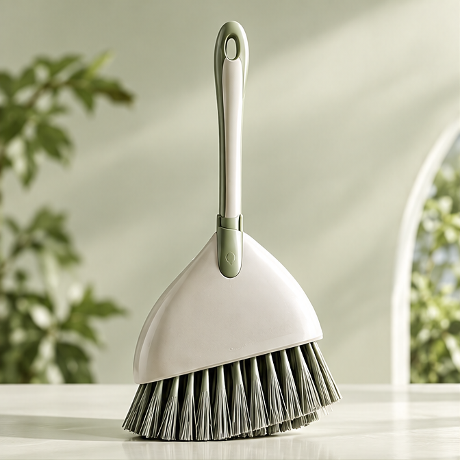Cream-and-green broom with dense bristles shown without text