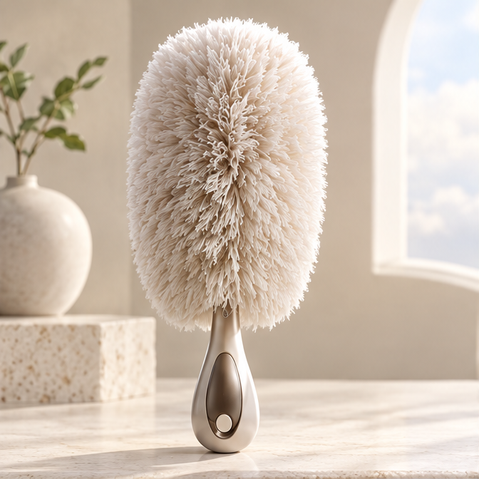 Cream handheld duster with rounded fibre head and contoured silver-tone handle