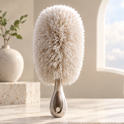 Cream handheld duster with rounded fibre head and contoured silver-tone handle