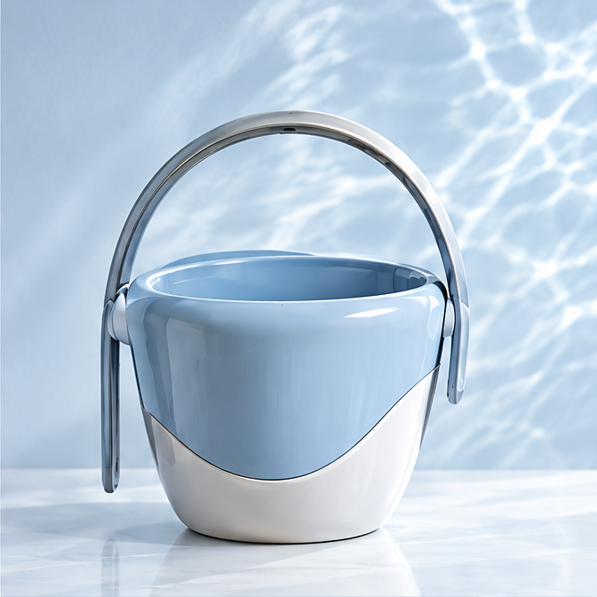 Blue-and-white cleaning bucket with raised swinging handle