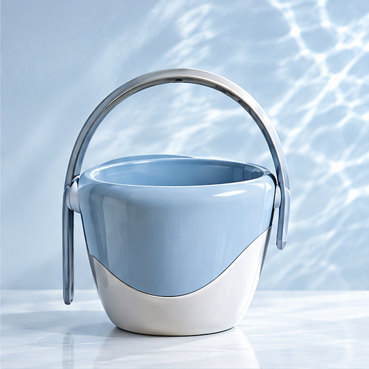Blue-and-white cleaning bucket with raised swinging handle