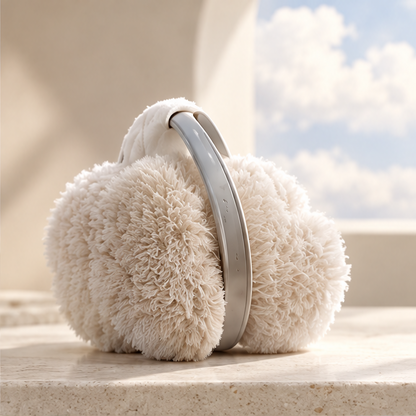 Cream plush cleaning sponge with a raised silver-tone arch handle