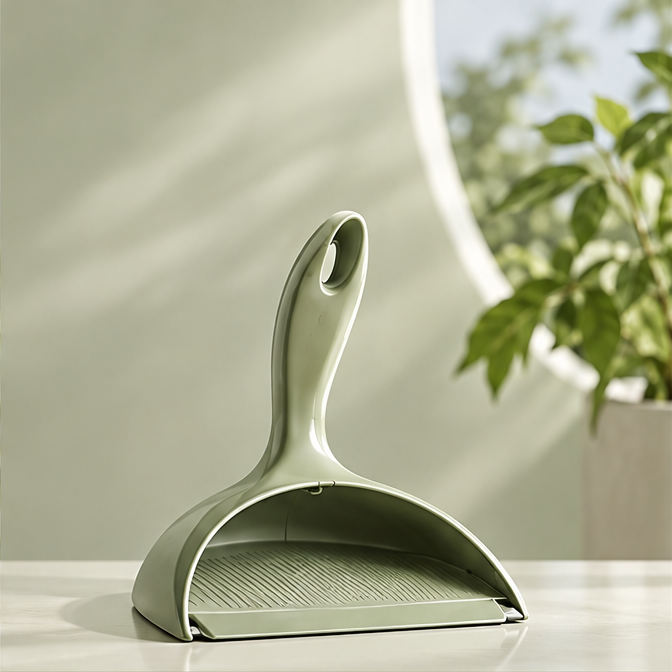 Sage green handheld dustpan with curved handle and hanging hole