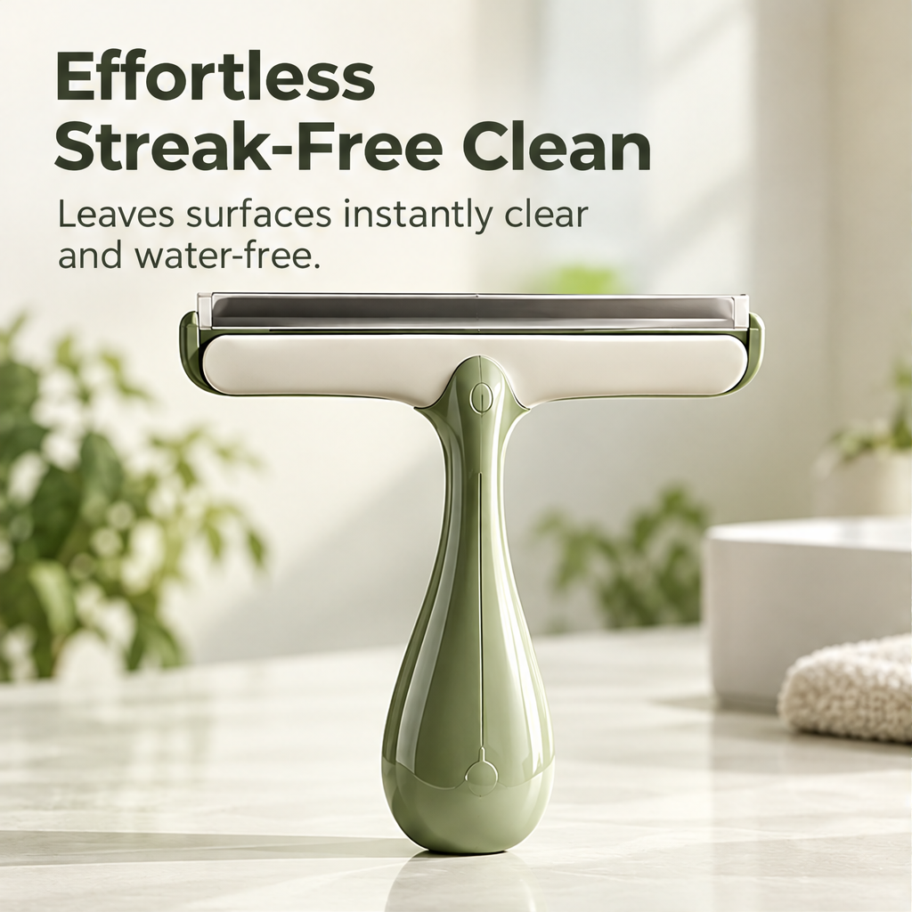 Handheld squeegee removing surface water from wet glass