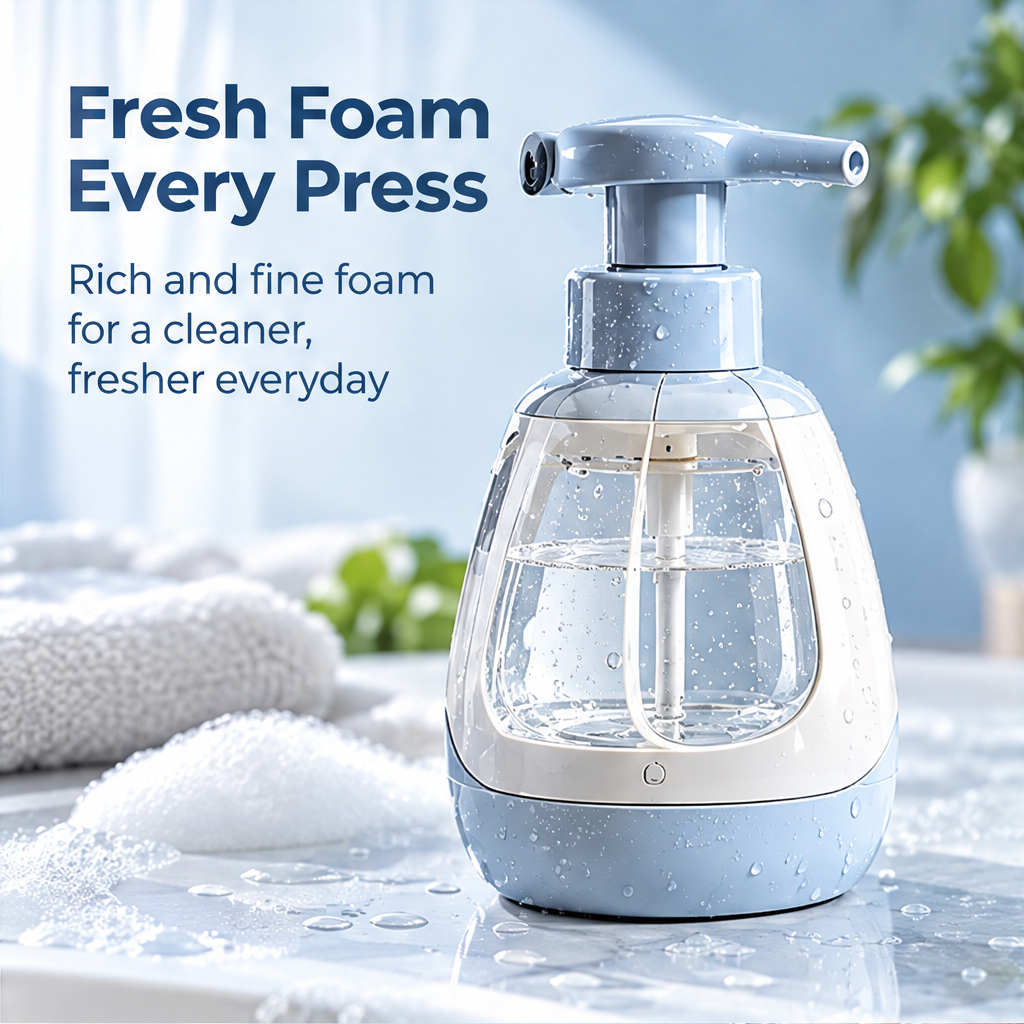 Foaming soap bottle displayed beside foam on a countertop