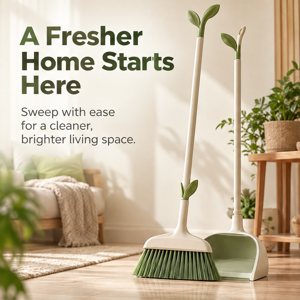 Cream-and-green broom displayed with a coordinating dustpan