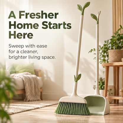 Cream-and-green broom displayed with a coordinating dustpan