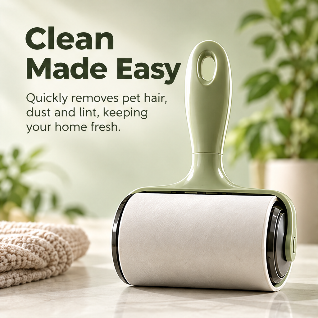 Full view of the sage green lint roller and wide cleaning roll
