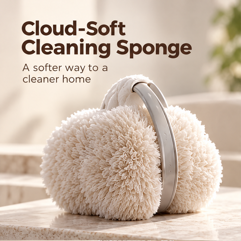 Full view of the fluffy cream cleaning sponge and curved handle