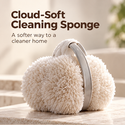 Full view of the fluffy cream cleaning sponge and curved handle