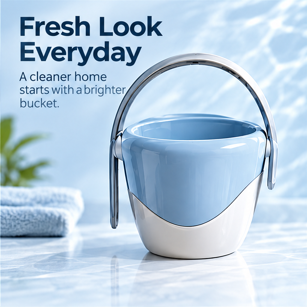 Overhead view of the blue cleaning bucket filled with water