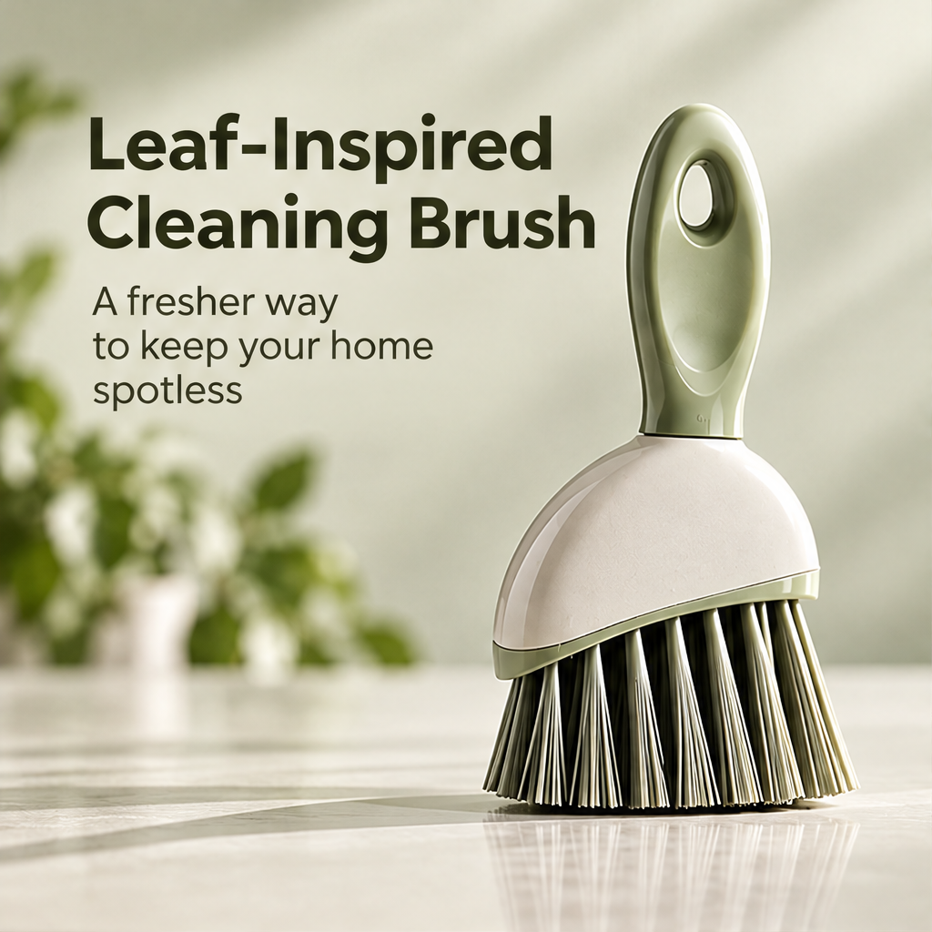 Full view of the sage green hand brush and shaped short handle