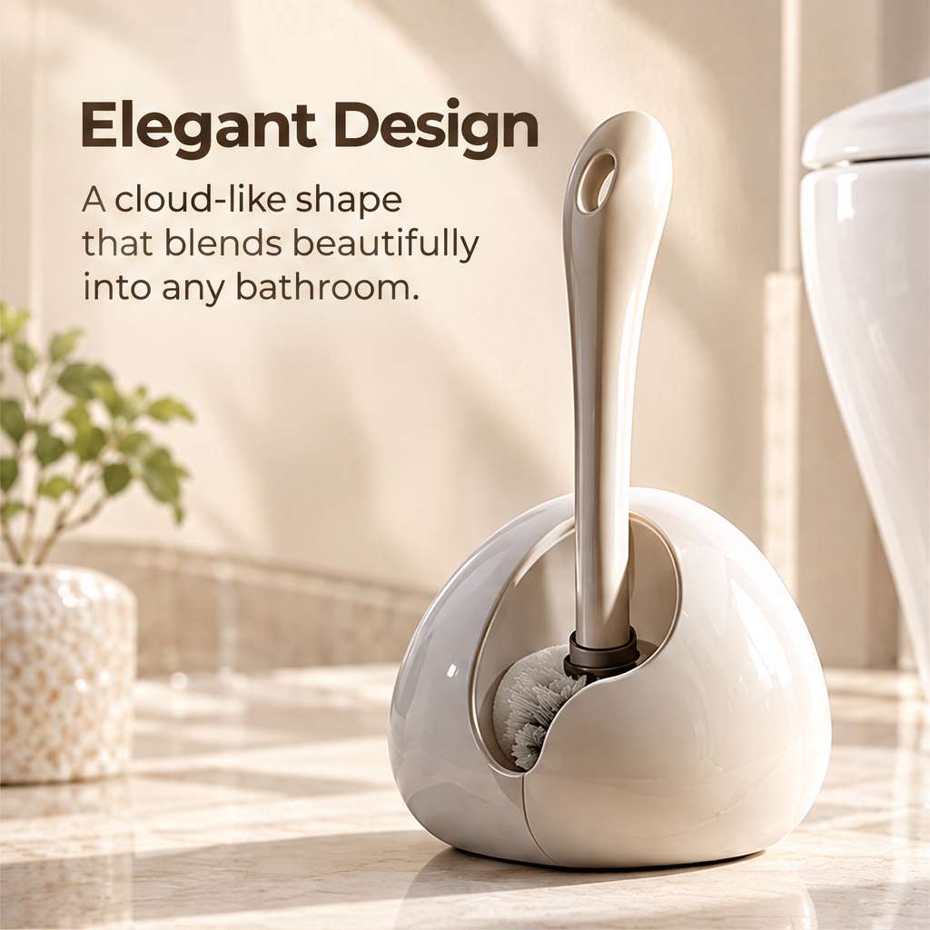 Long-handled toilet brush scrubbing inside a toilet bowl