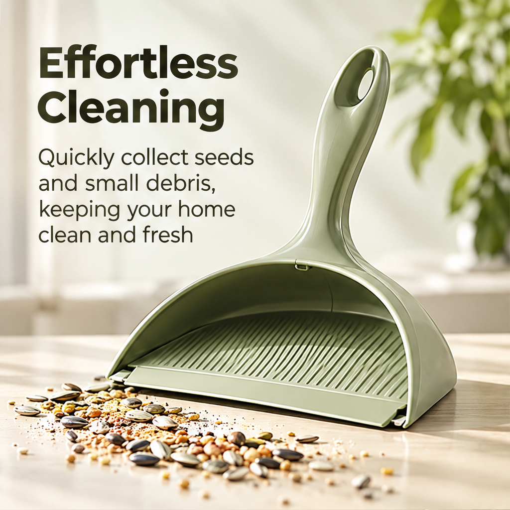 Full view of the green dustpan beside crumbs and seeds