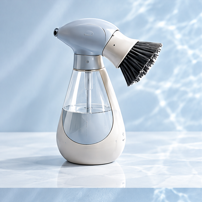 Blue-and-white spray cleaning brush with clear water tank and dark bristles