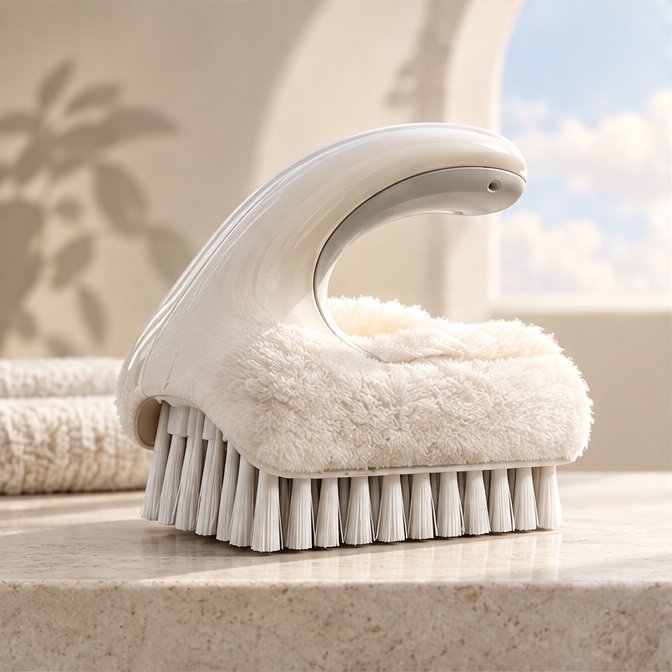 Cream scrub brush with curved raised handle and dense bristle rows