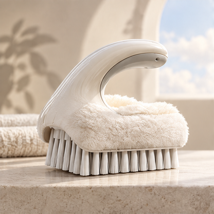 Cream scrub brush with curved raised handle and dense bristle rows
