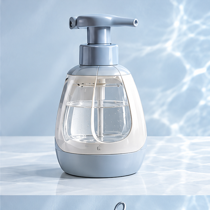 Blue-and-white foaming soap bottle with manual pump and clear reservoir