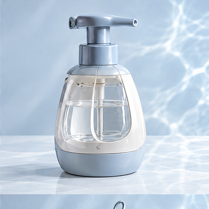 Blue-and-white foaming soap bottle with manual pump and clear reservoir