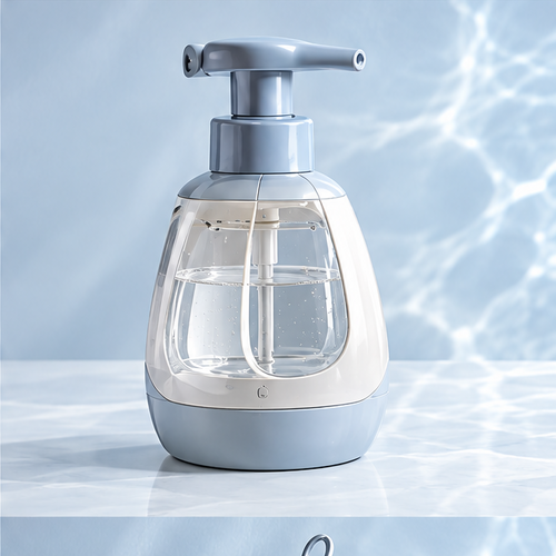 Blue-and-white foaming soap bottle with manual pump and clear reservoir