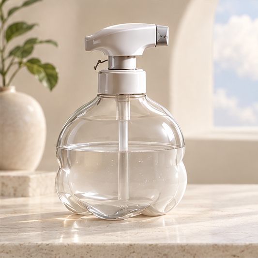Clear sculpted soap bottle with white manual foaming pump
