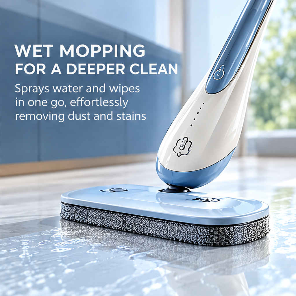 Front view of the blue-and-white spray mop
