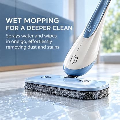 Front view of the blue-and-white spray mop