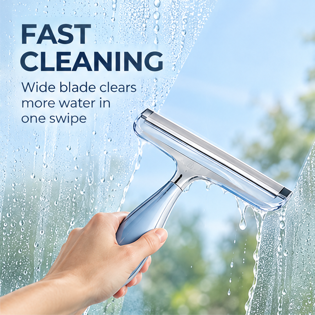Handheld squeegee clearing water from glass