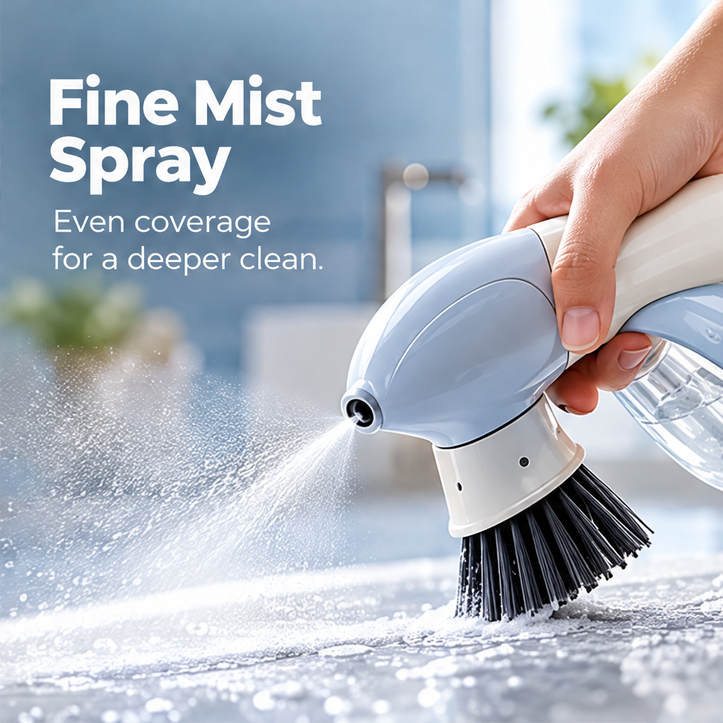 Handheld cleaning brush spraying a mist of water onto a surface