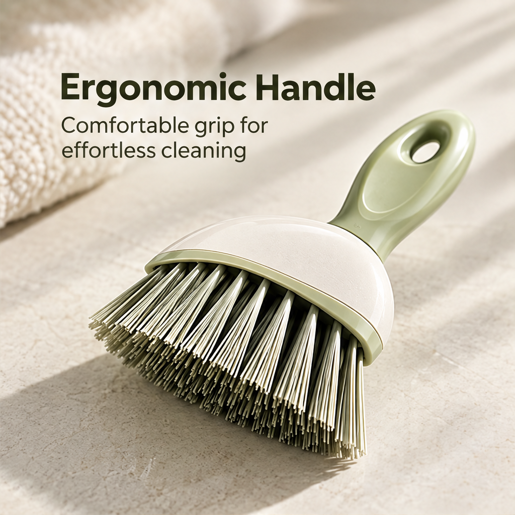 Close-up of the curved handle and flared bristle edge