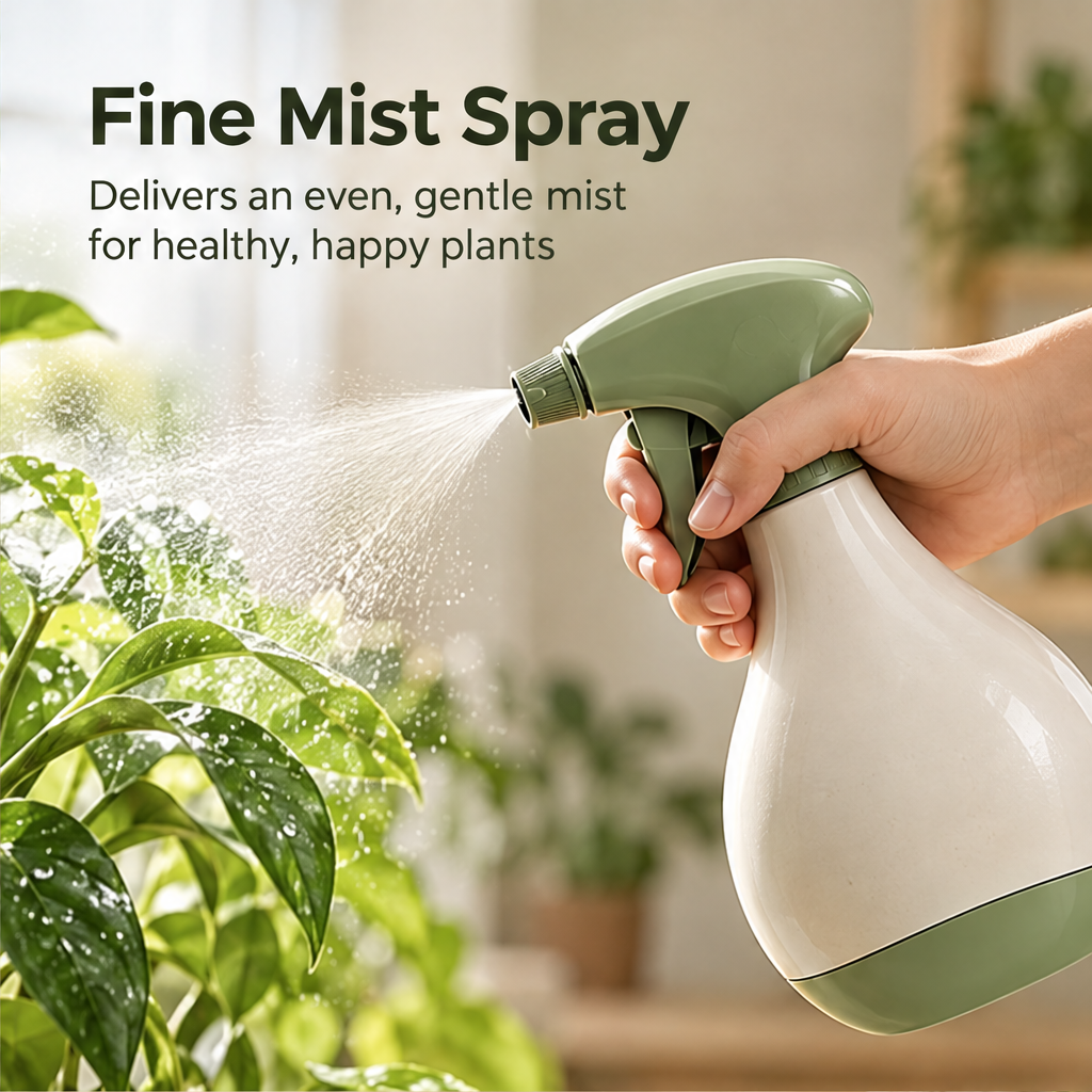 Green-and-white spray bottle displayed beside indoor plants