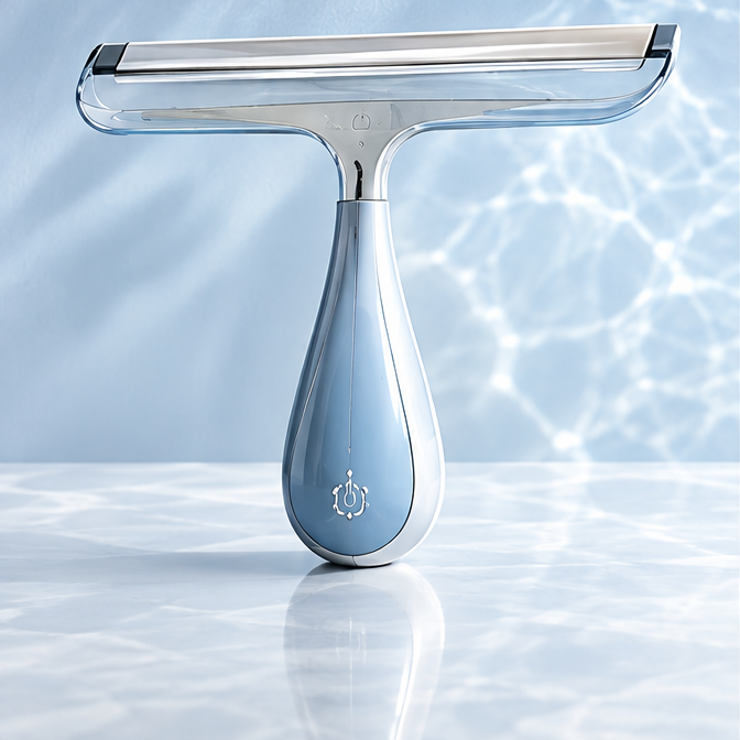 Blue-handled glass squeegee with wide blade and silver-tone frame
