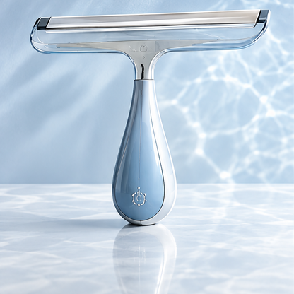 Blue-handled glass squeegee with wide blade and silver-tone frame