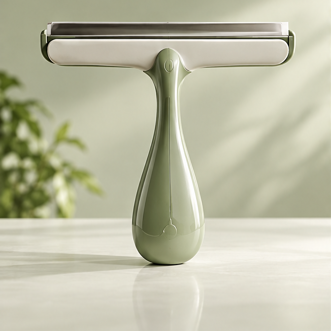 Sage green glass squeegee with wide straight blade and contoured handle