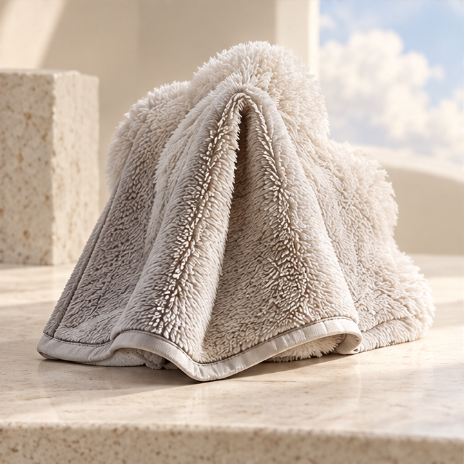 Cream pile cleaning cloth draped on a countertop with bound edges visible