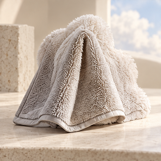 Cream pile cleaning cloth draped on a countertop with bound edges visible