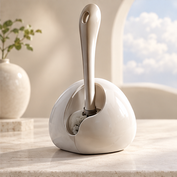 Cream toilet brush stored upright in a rounded open-front holder