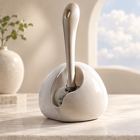 Cream toilet brush stored upright in a rounded open-front holder