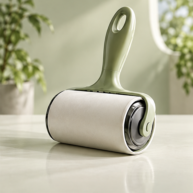Sage green handheld lint roller with white adhesive roll and hanging hole