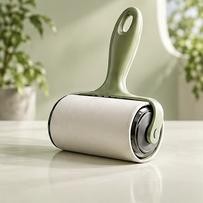 Sage green handheld lint roller with white adhesive roll and hanging hole