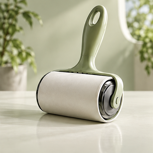 Sage green handheld lint roller with white adhesive roll and hanging hole