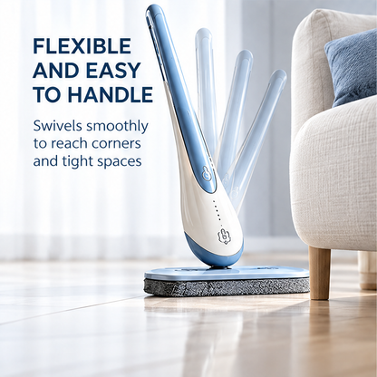 Blue-and-white spray mop with a wide textured cleaning pad