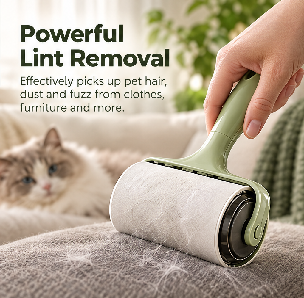 Lint roller picking up loose pet hair from sofa upholstery