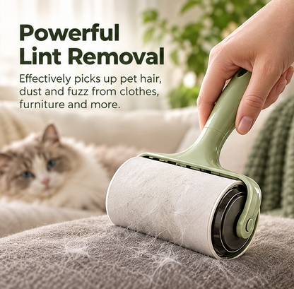 Lint roller picking up loose pet hair from sofa upholstery