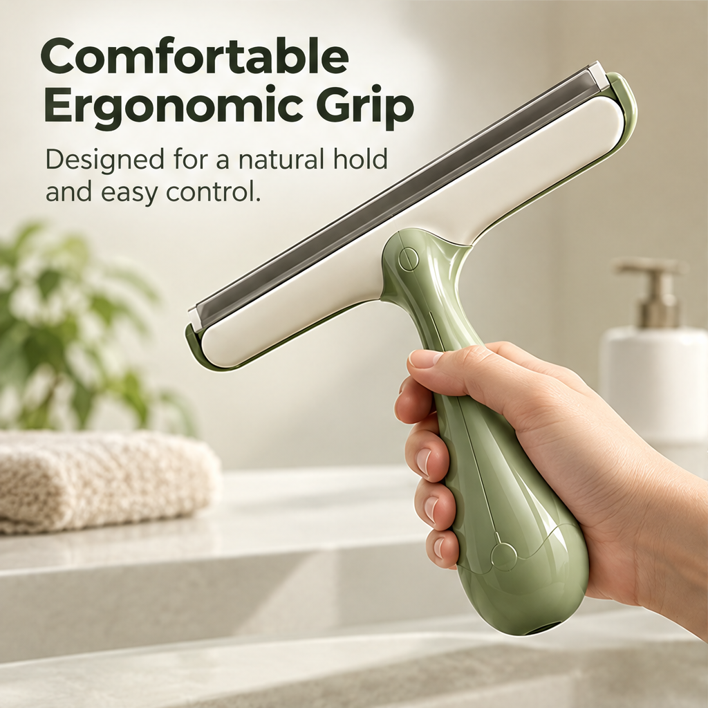 Hand holding the contoured sage green squeegee grip