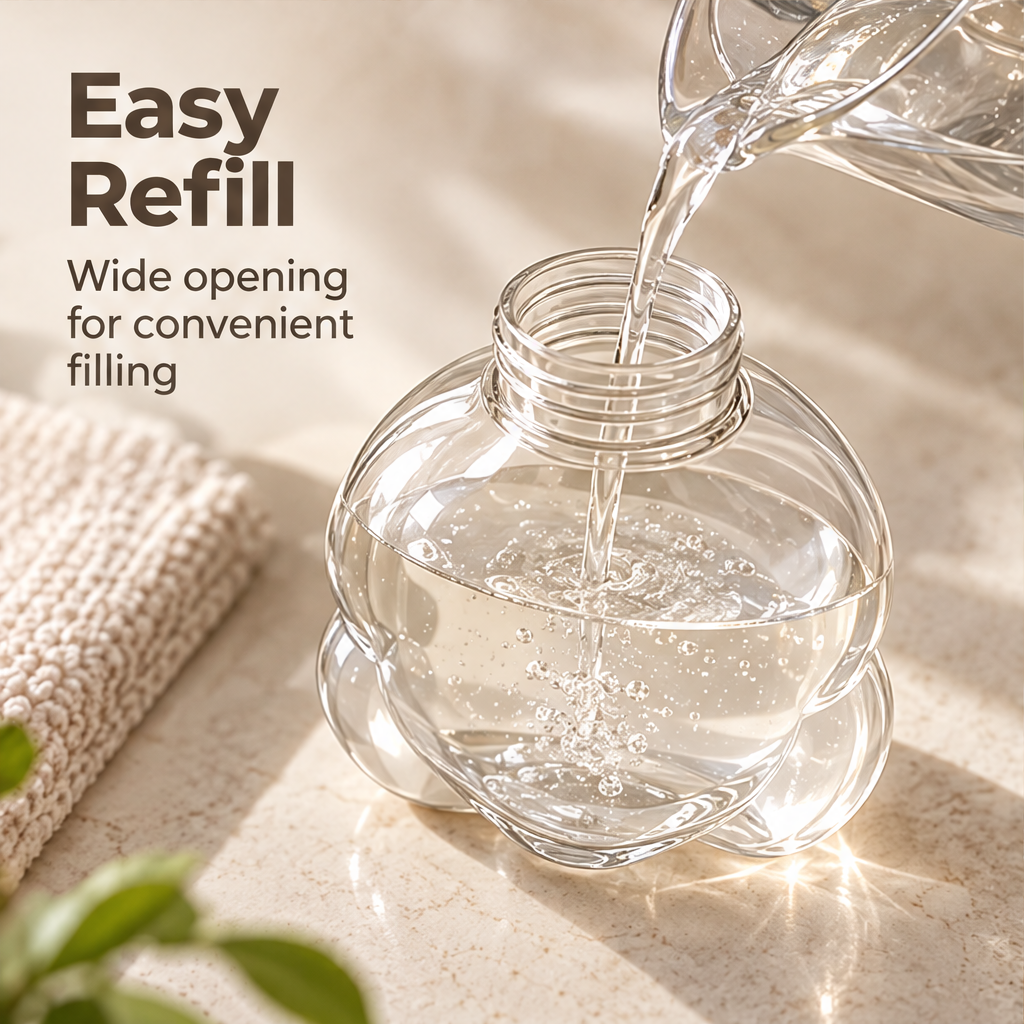 Clear sculpted soap bottle displayed on a bathroom countertop