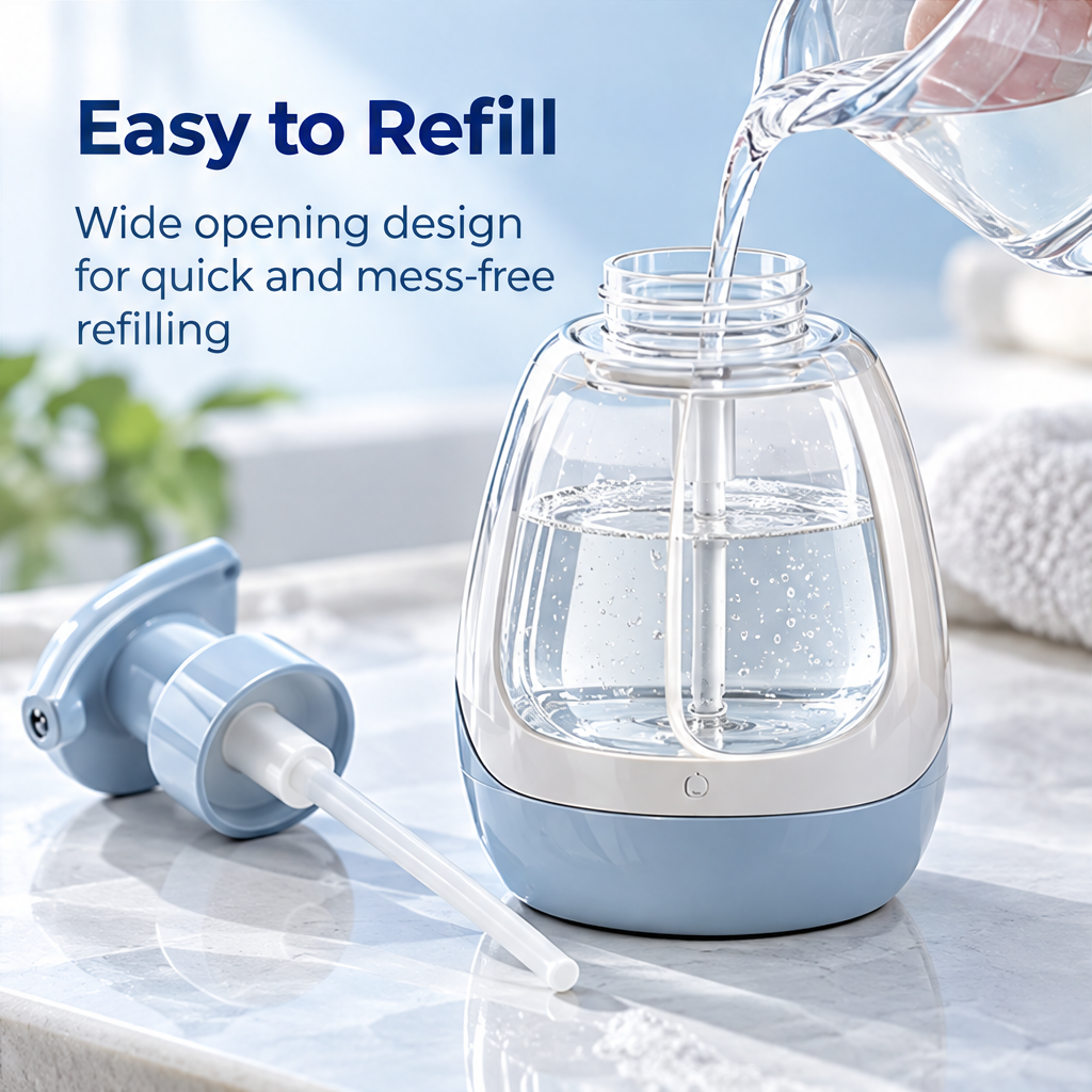 Angled view of the clear soap reservoir and blue-and-white bottle design
