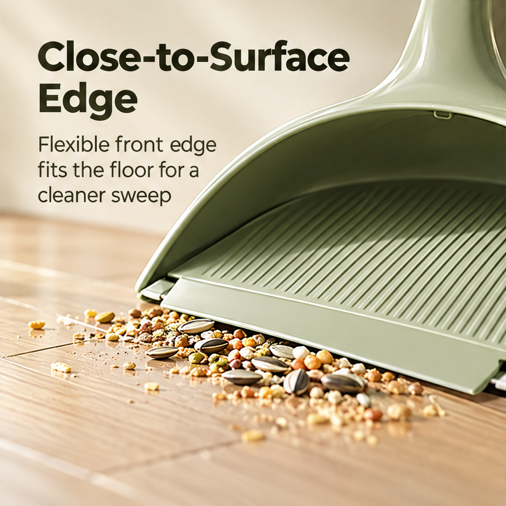 Flexible front lip positioned beside small debris on a floor