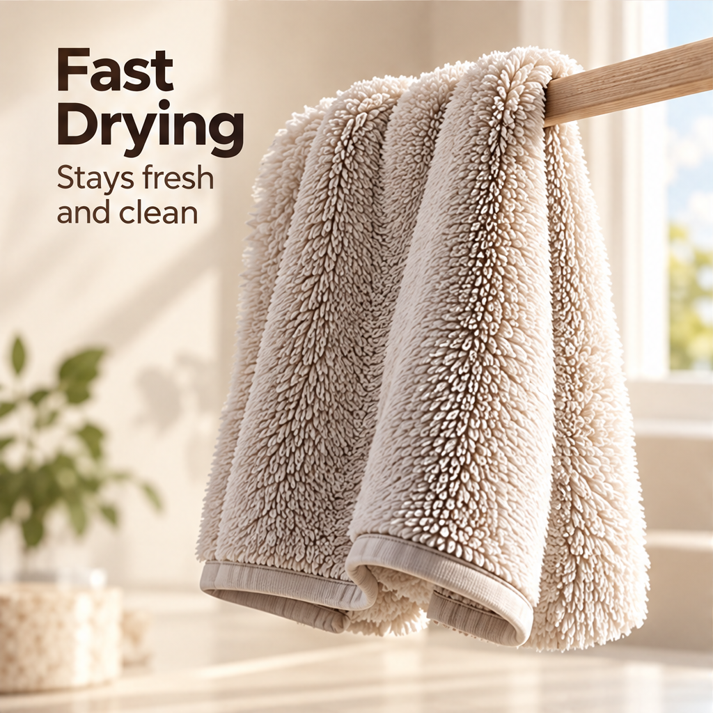 Cream cleaning cloth draped over a rail to air-dry